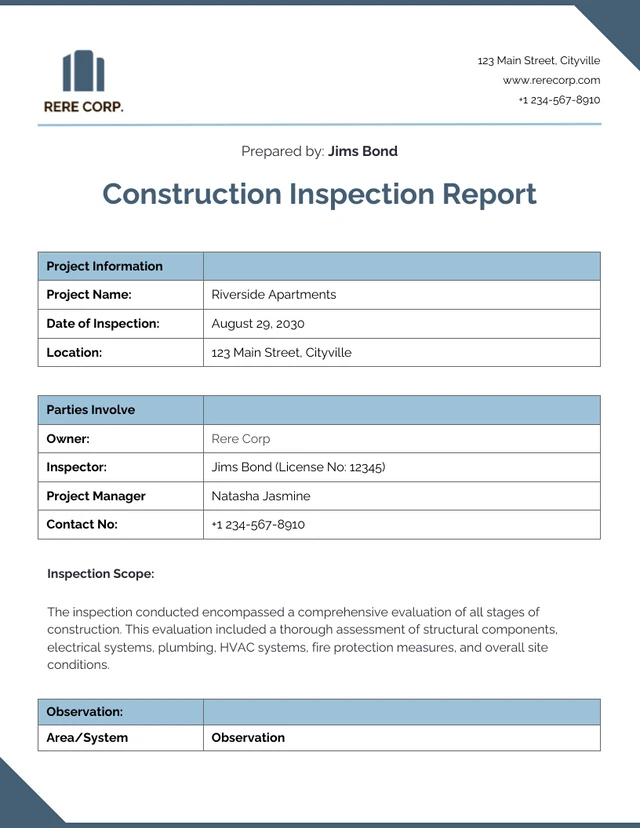 Plantilla de informe de inspección de construcción