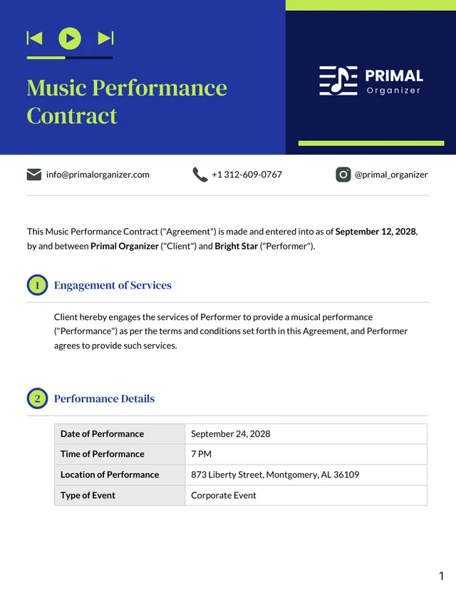 Music Performance Contract Template - Page 1