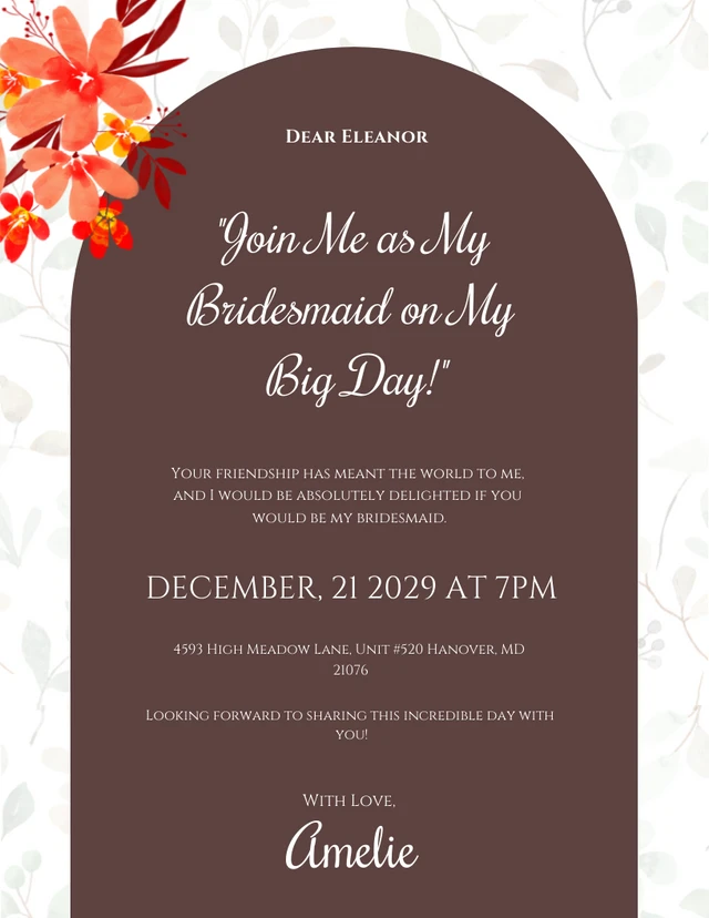 Brown Floral Bridesmaid Invitation Template