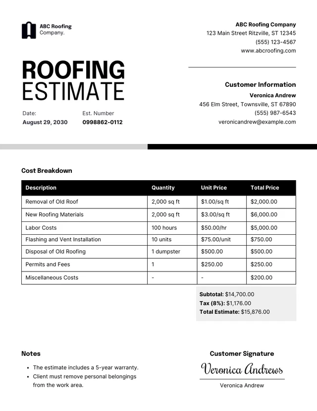 Roofing Estimate Template