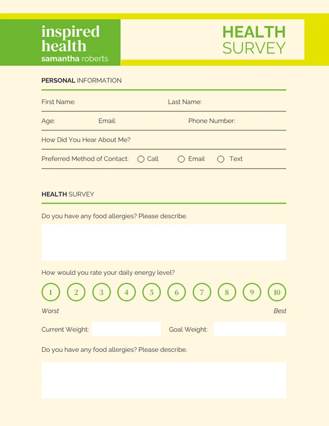 Simple Green and Yellow Lemon Health Survey Forms Template