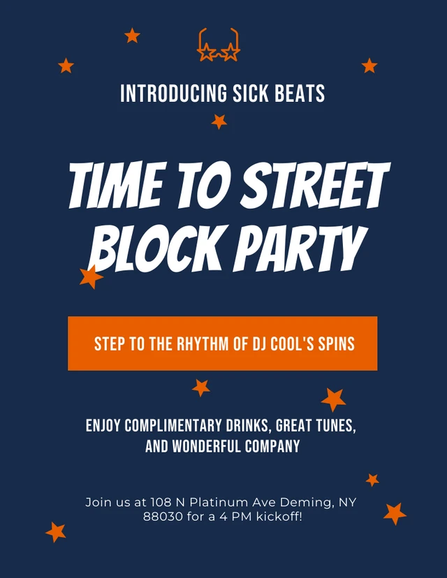 Navy And Orange Minimalist Block Party Poster Template