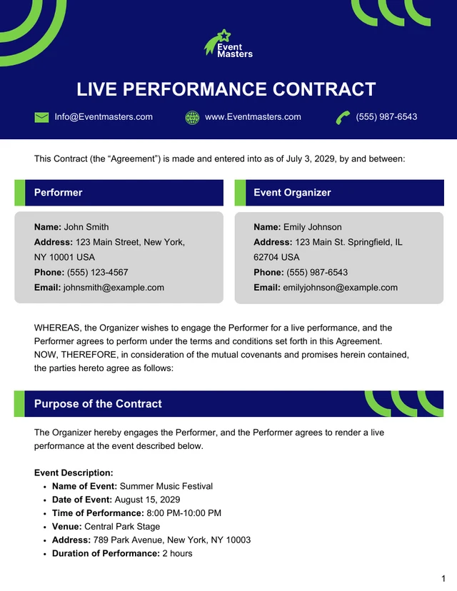 Live Performance Contract Template - page 1