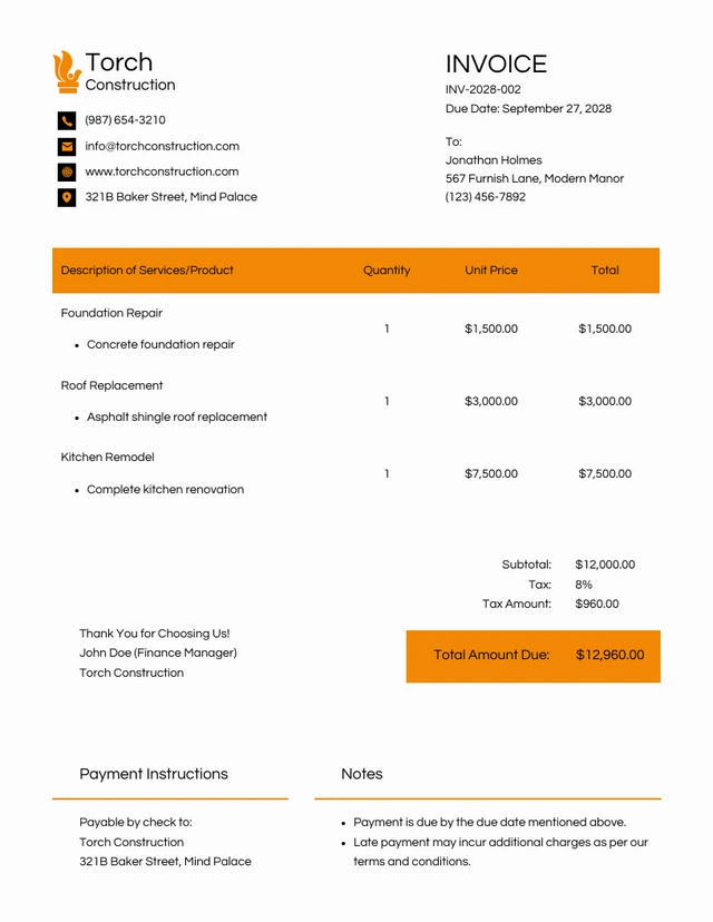 Modern Mustard and White Construction Invoice Template