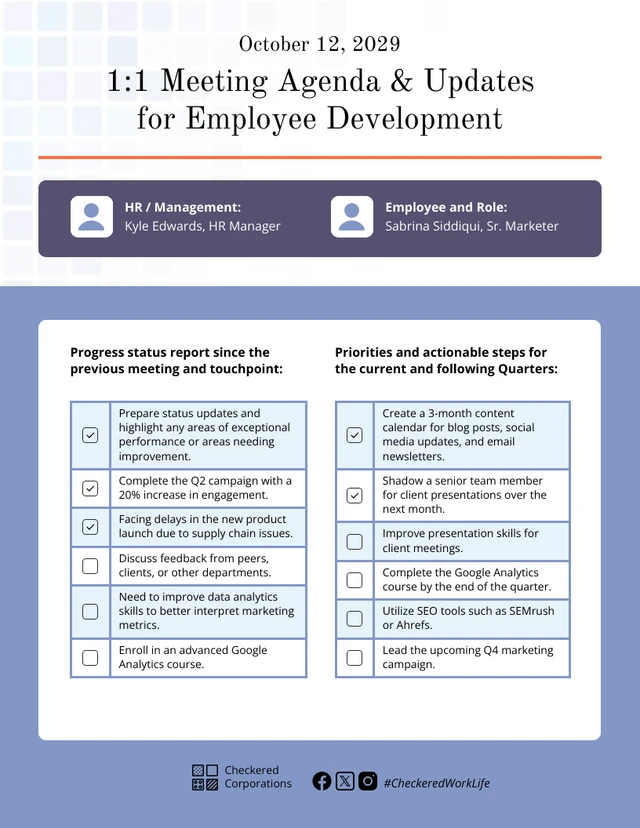 Modèle d'ordre du jour d'une réunion RH individuelle pour le développement des employés