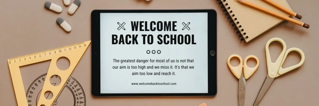 Hellbraune, moderne, professionelle Banner-Vorlage „Willkommen zurück in der Schule“.