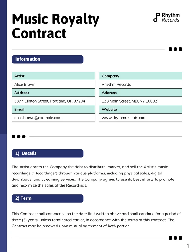 Music Royalty Contract Template - page 1