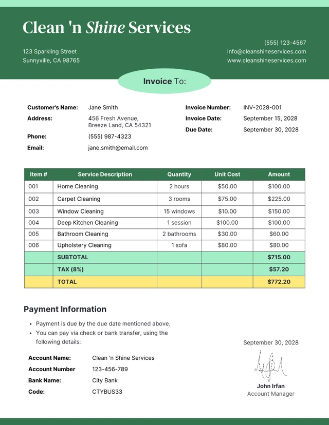 Clean Minimalist Nature Green Cleaning Invoice Template