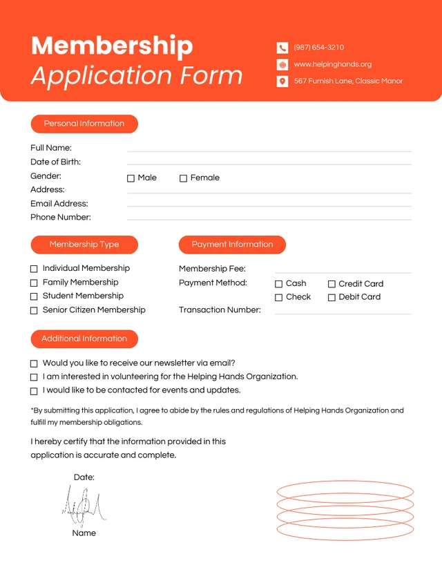 Modern Orange and White Membership Form Template