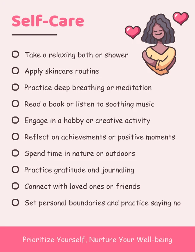 الوردي الباستيل الحد الأدنى التوضيح بسيط قالب قائمة مراجعة الرعاية الذاتية اليومية