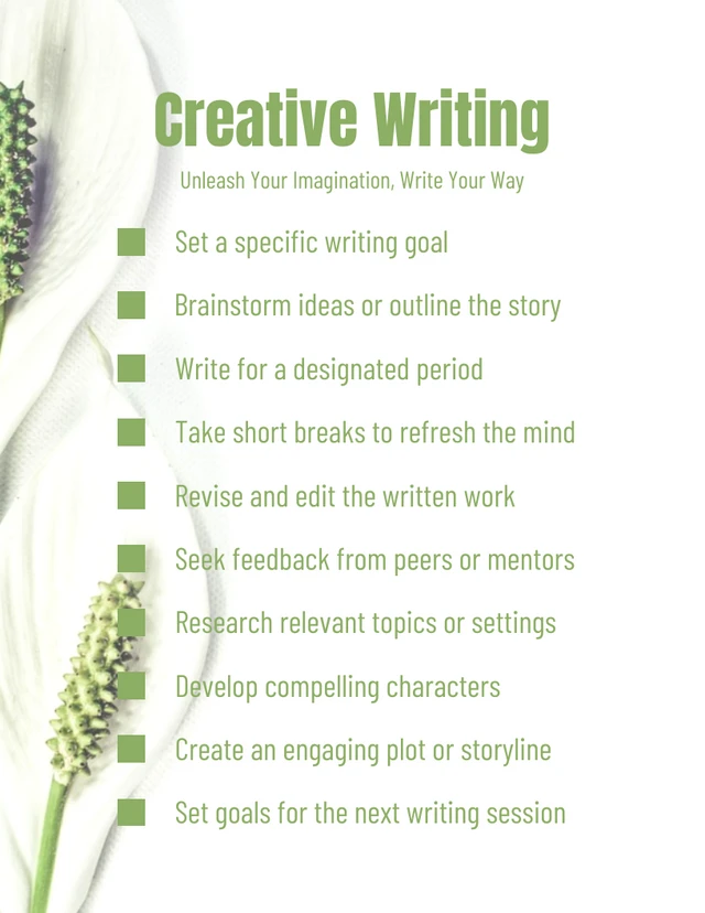 قالب قائمة التحقق اليومية للكتابة الإبداعية البسيطة باللونين الأبيض والأخضر