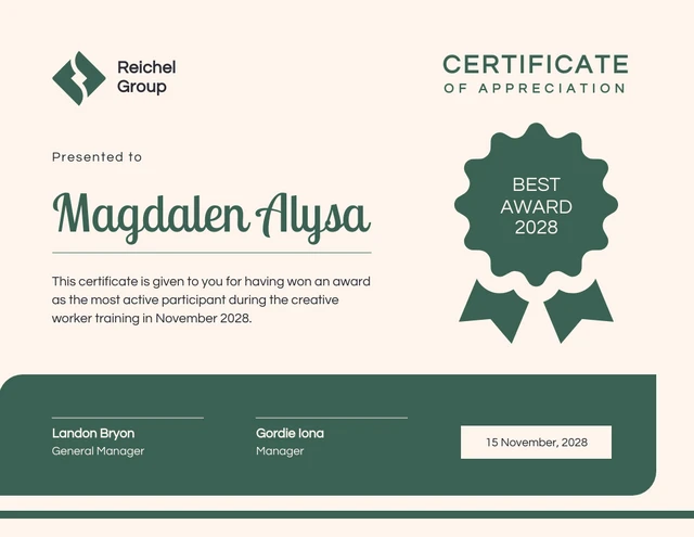 Beige And Green Modern Appreciation Certificate Template