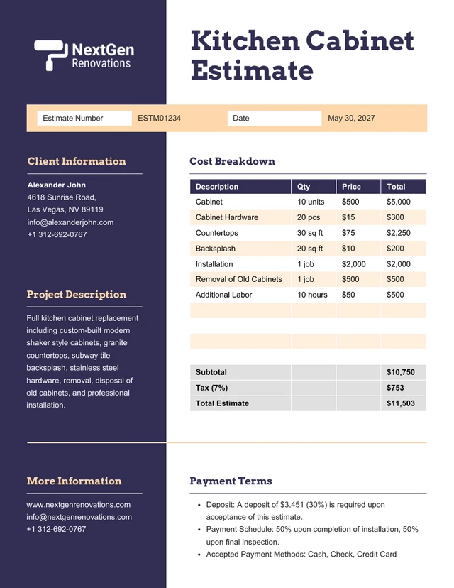 Plantilla de estimación de gabinetes de cocina