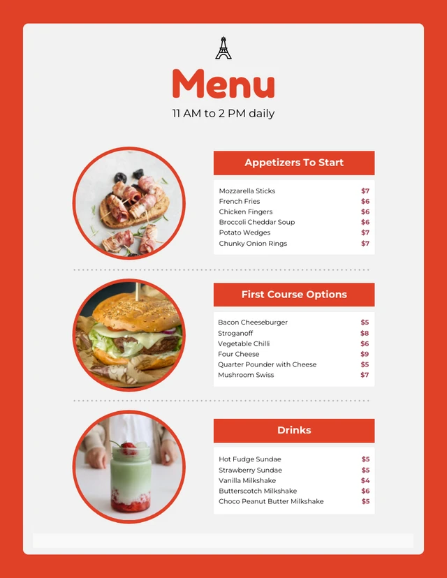 Modèle de menu français de collage photo minimaliste rouge et gris clair