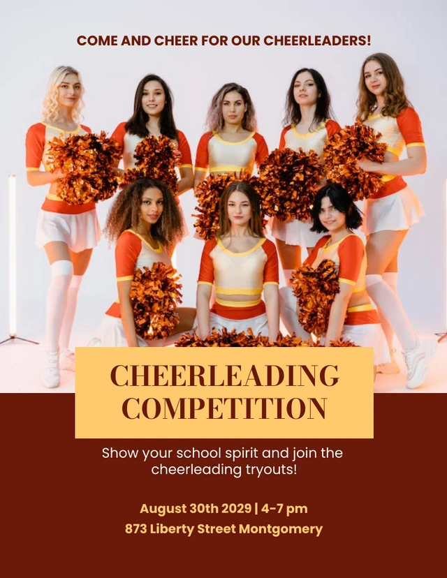 Rote und gelbe minimalistische Foto-Cheerleading-Wettbewerbsplakat-Vorlage