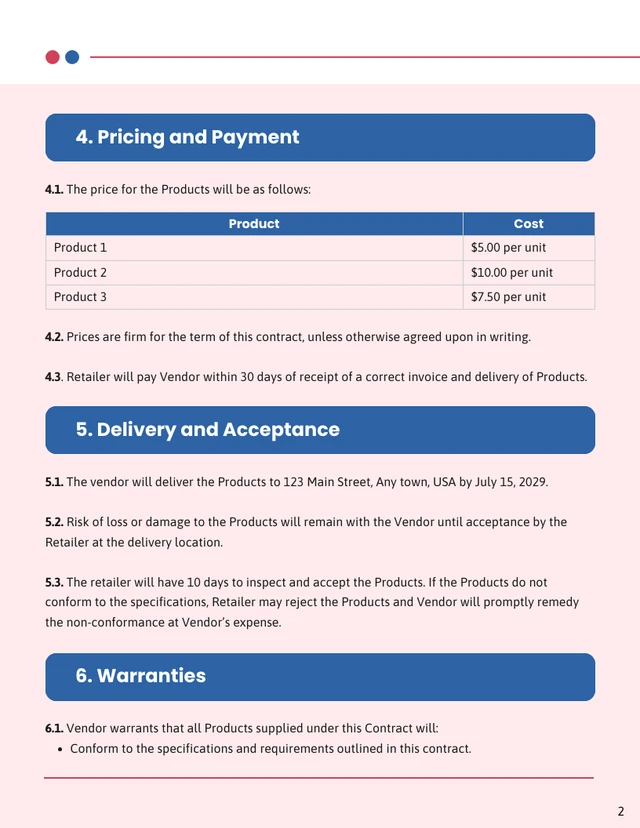 Retail Vendor Contract Template - Pagina 2