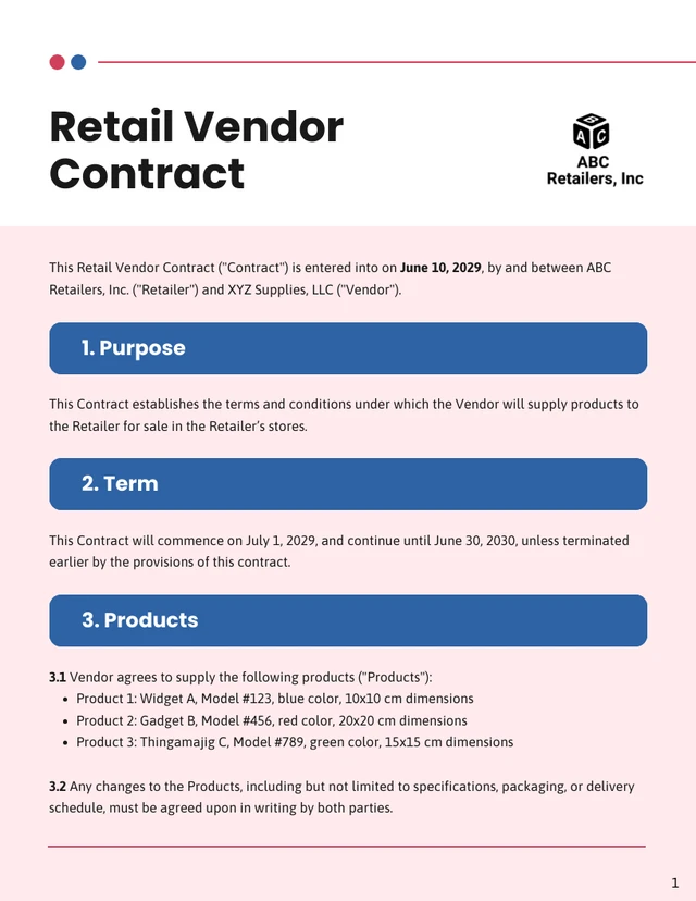 Retail Vendor Contract Template - Seite 1