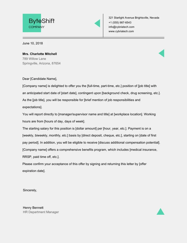 Simple Grey and Green Offer Letter Template