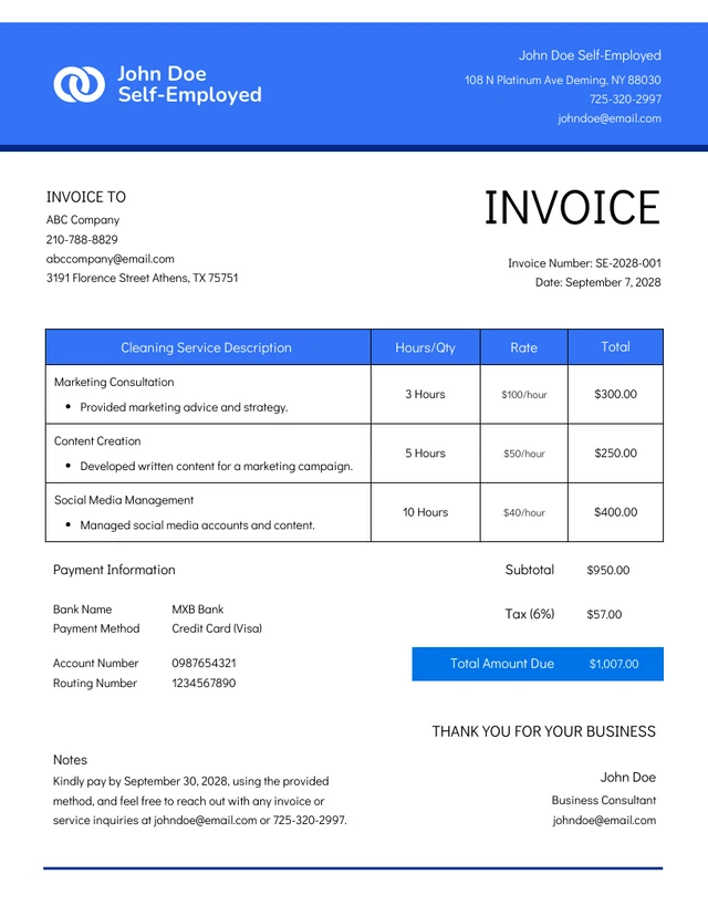 Simple Blue Self-employed Invoice Template