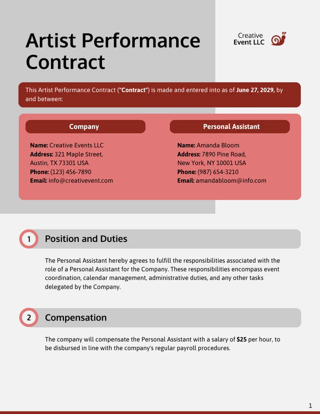 Artist Performance Contract Template - صفحة 1