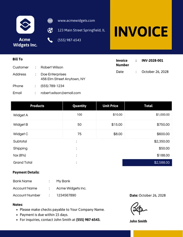 Minimalist Blue and Yellow Commercial Invoice Template
