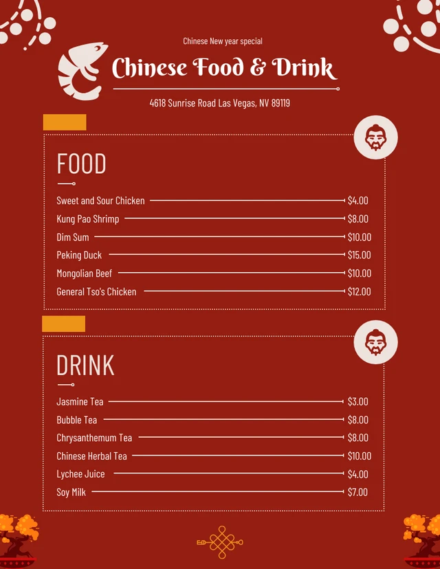 Modèle de menu de plats et de boissons exceptionnels du nouvel an chinois rouge simple