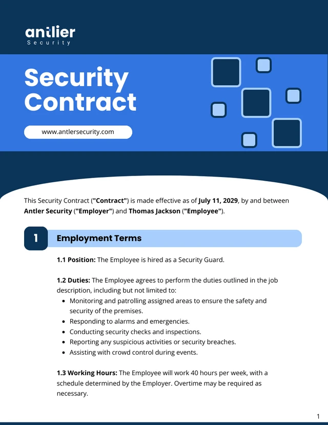 Security Contract Template - page 1