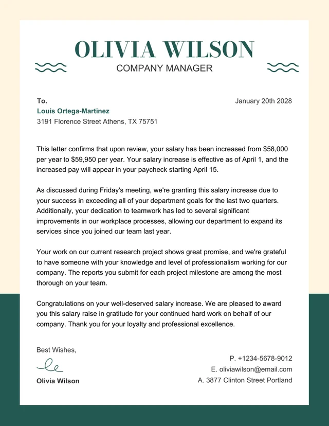 Light Yellow And White Simple Salary Increase Letter Template