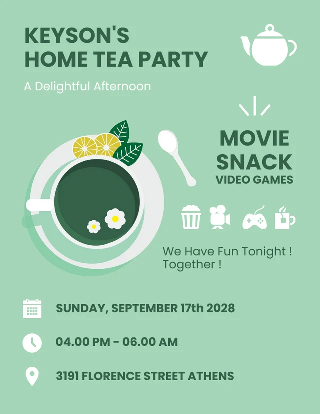 Green And White Modern Simple Cheerful Home Tea Party Invitation Template