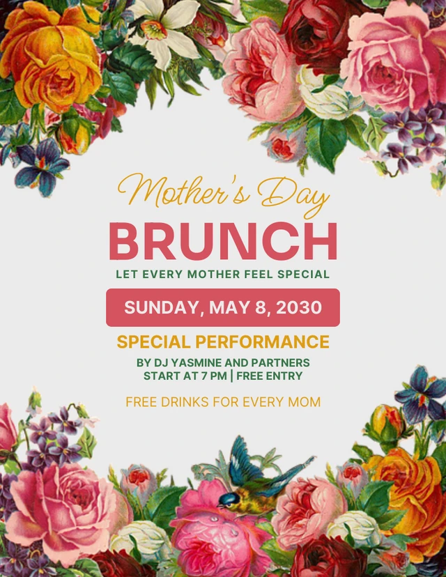 Light Grey Aesthetic Illustration Mothers Day Brunch Poster Template
