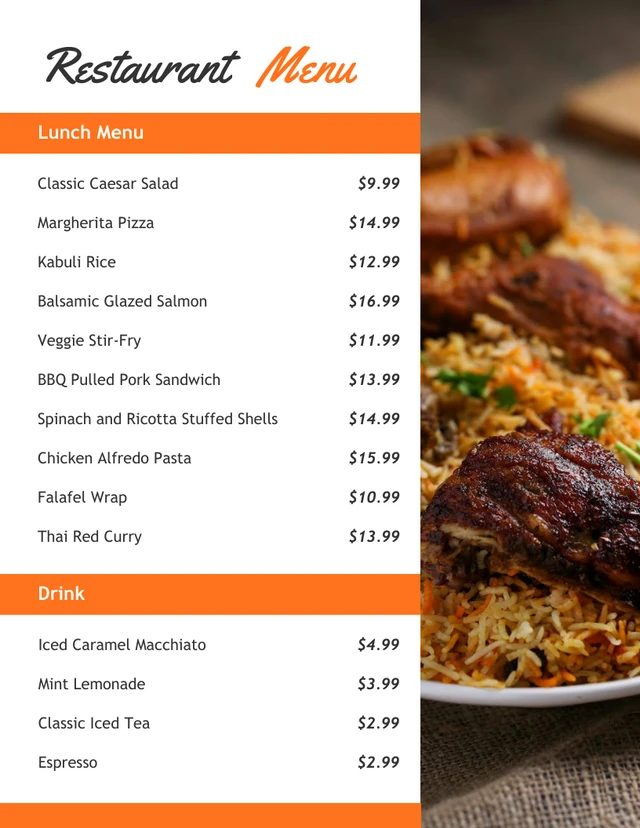 White And Orange Simple Restaurant Lunch Menu Template