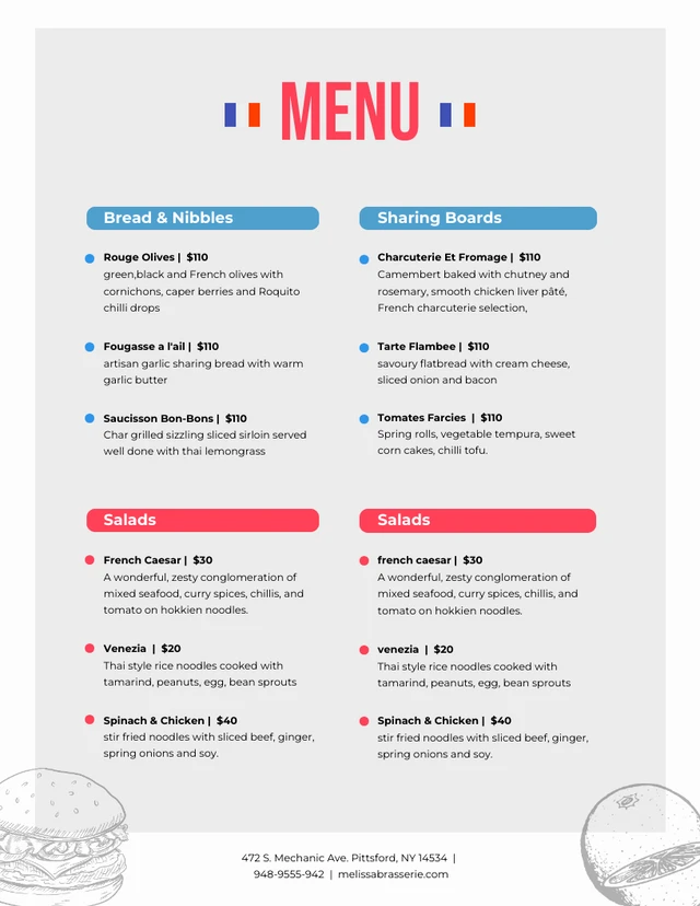 Modèle de menu français minimaliste blanc et gris clair