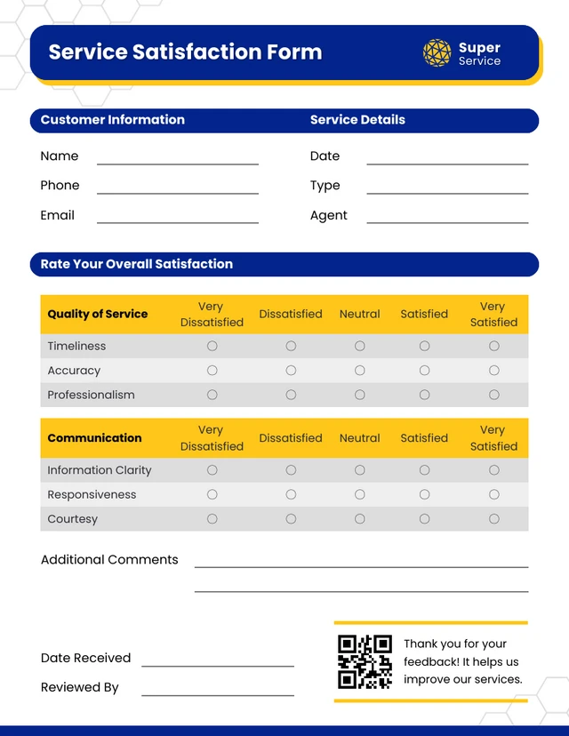 Service Satisfaction Survey Form Template