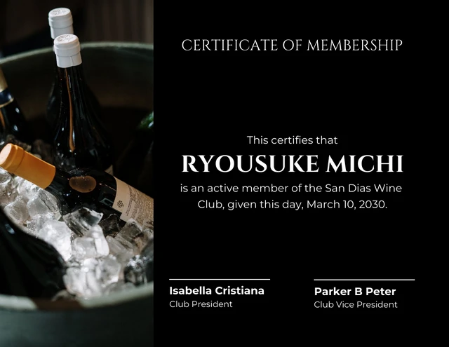 Black Simple Wine Membership Certificates Template