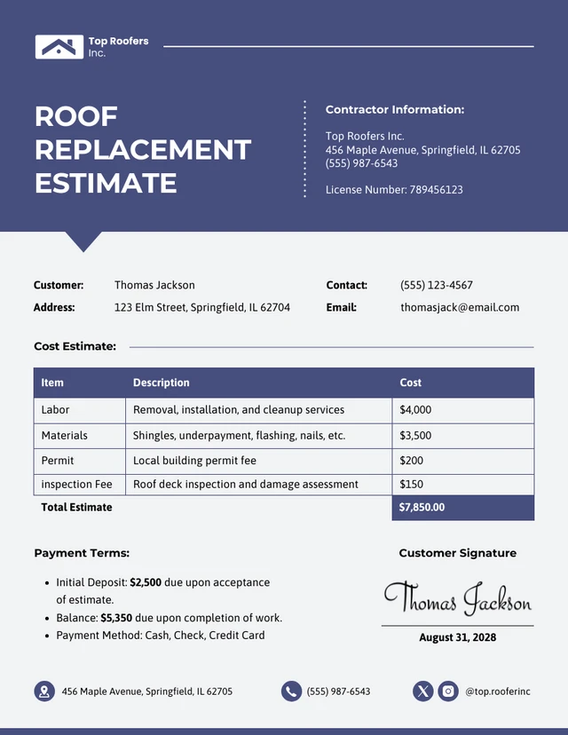 Modèle d'estimation du remplacement du toit