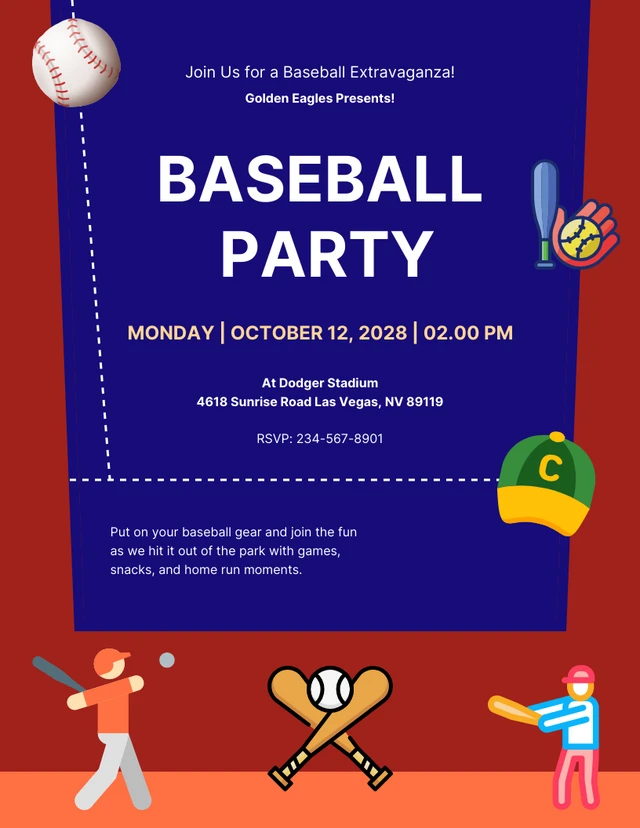 Plantilla ilustrada para invitaciones a fiestas de béisbol en color granate y azul marino