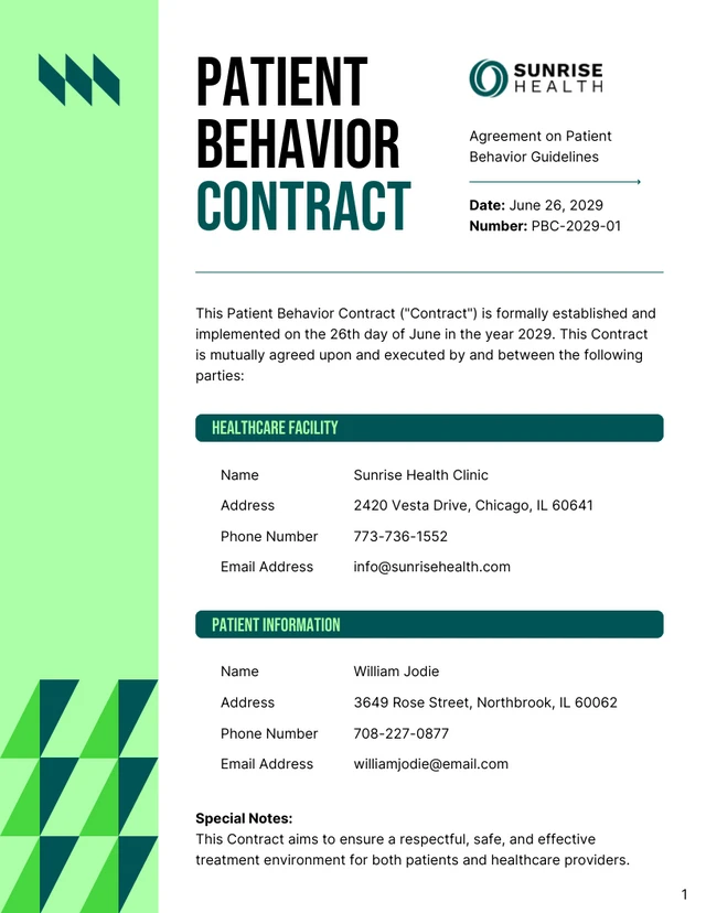 Patient Behavior Contract Template - Page 1