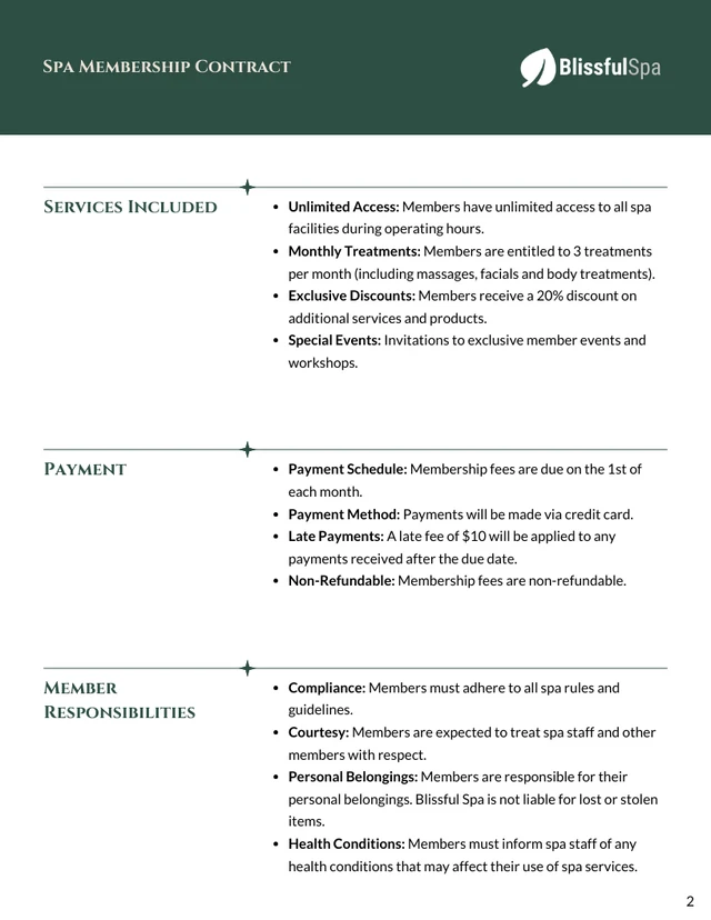 Spa Membership Contract Template - page 2