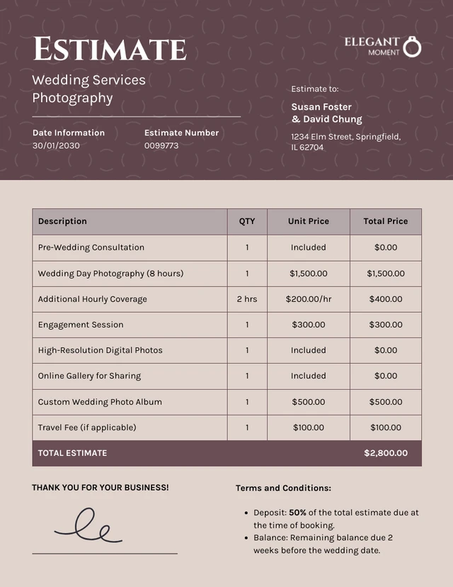 Modelo de estimativa de fotografia de serviços de casamento