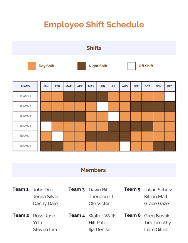 Orange and Brown Employee Shift Yearly Schedule Template