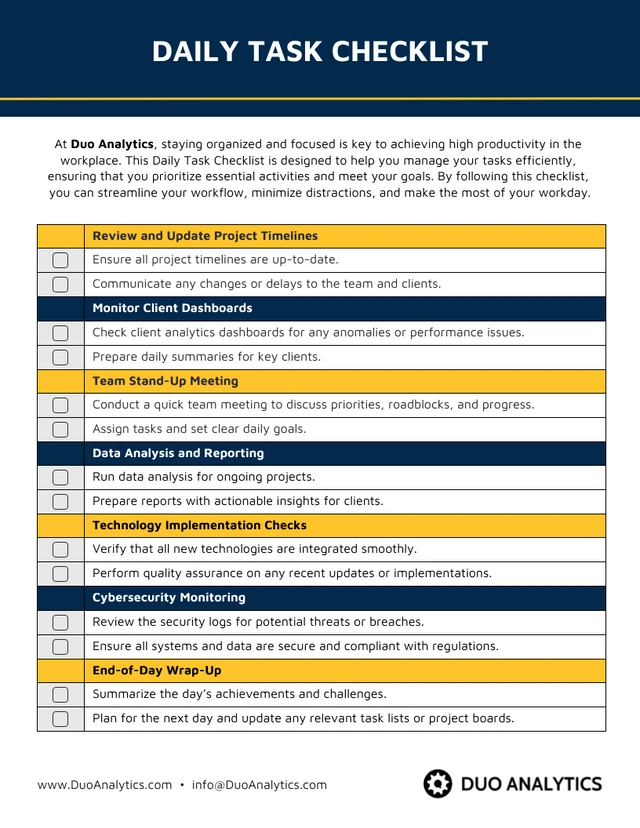 Daily Task Checklist for Work Productivity Template