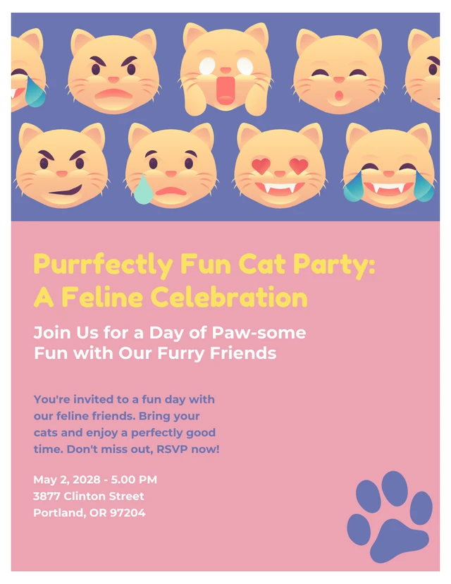 Invitation chat rose tendre et violet Emoji Party Template
