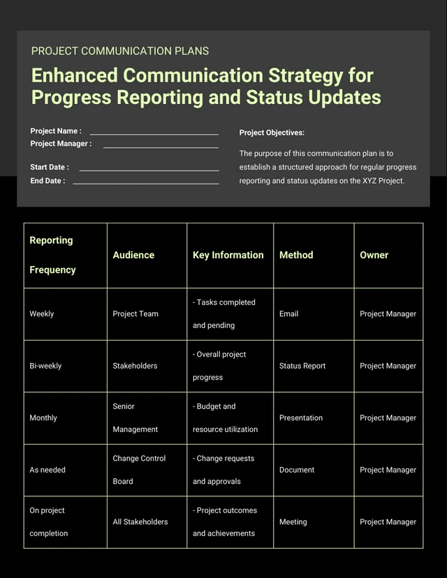 Light Green and Black Project Communication Plan Template