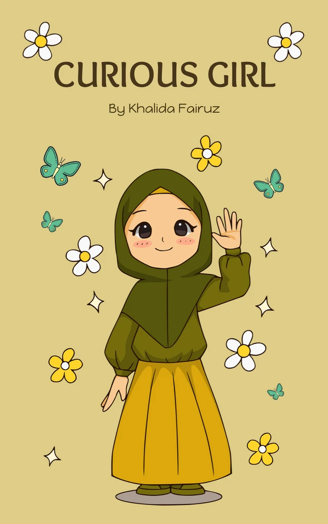 Yellow Playful Illustration Curious Muslim Girl Childrens Book Cover Template