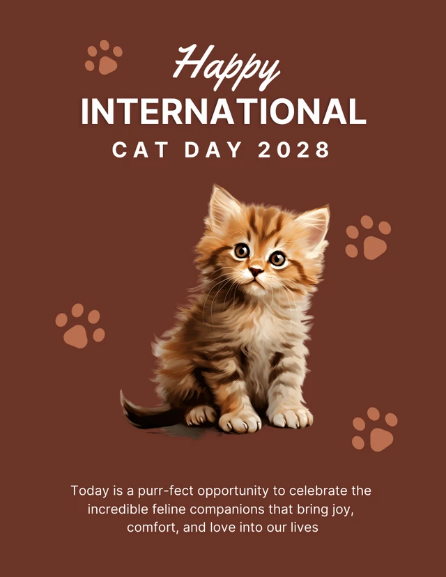 Brown Minimalist Cute International Cat Day Poster Template
