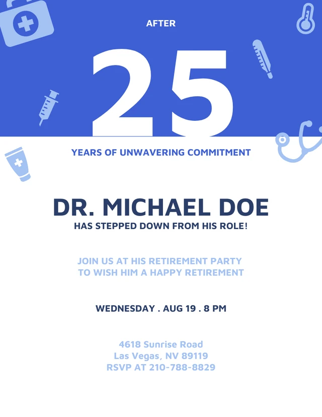 Simple Blue and White Doctor Retirement Party Invitation Template