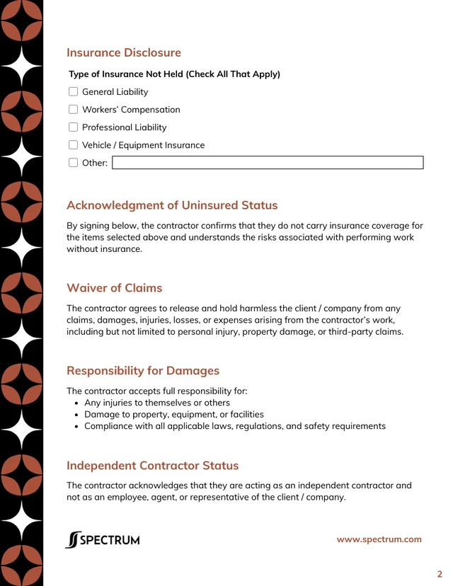 Uninsured Contractor Waiver Form Template - Page 2