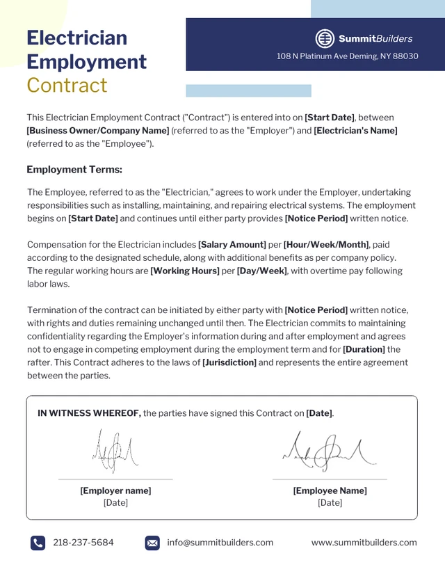 Electrician Employment Contract Template