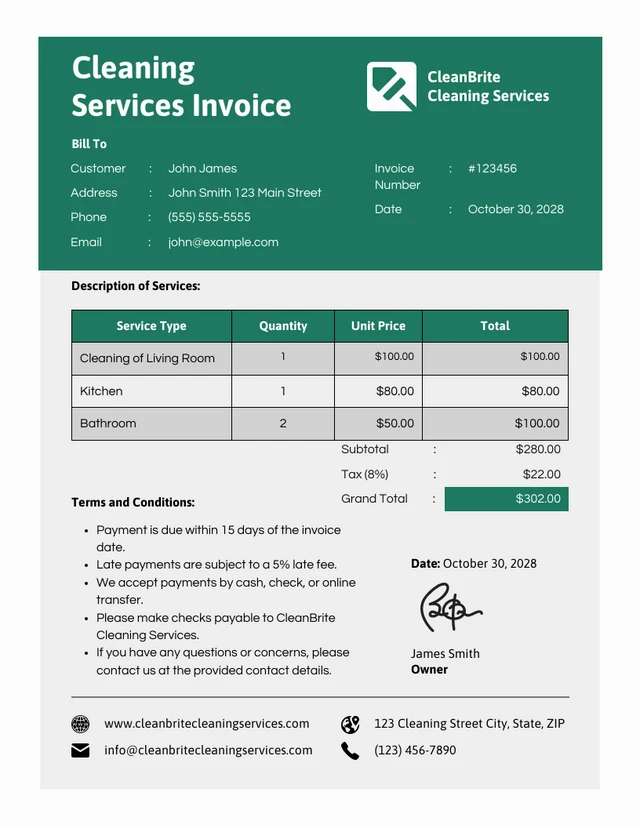 Green and Grey Minimalist Modern Cleaning Invoice Template