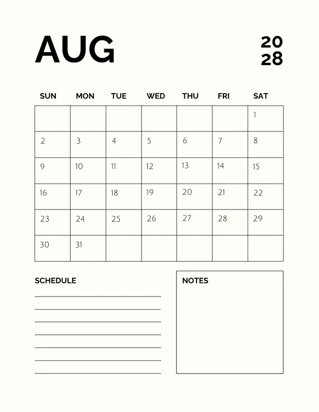 Modern Minimalist Black and White Monthly Calendar Schedule Template